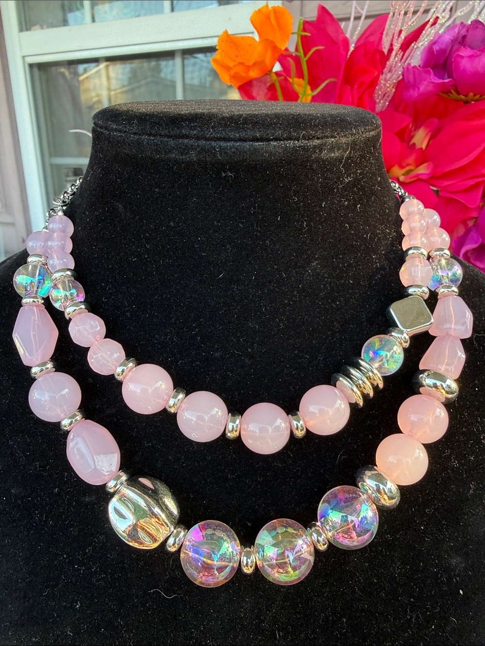 New Women’s 10” Pink Beaded Two-Strand Statement Necklace & earrings